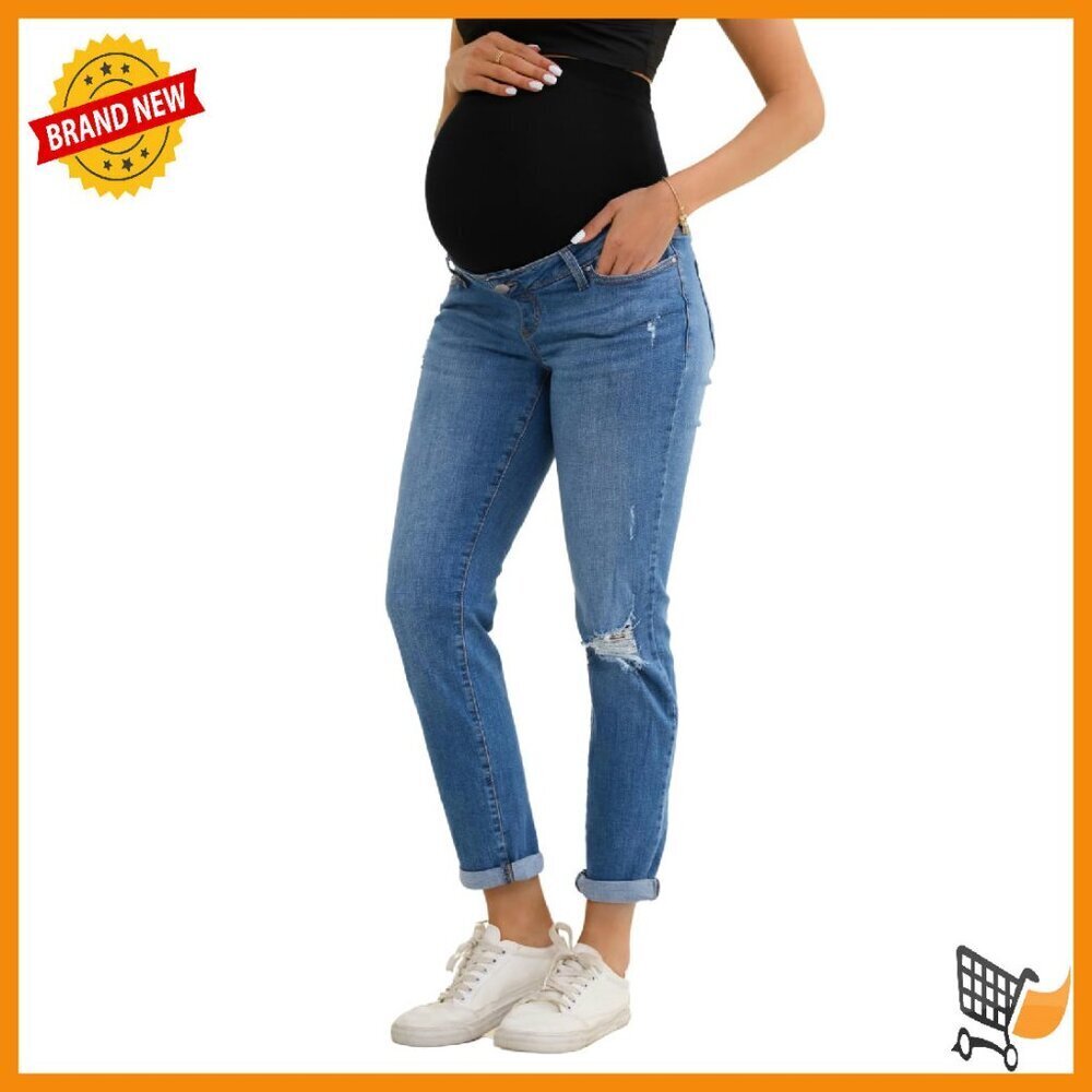 Maternity Boyfriend Jeans Over Belly Ripped Denim Stretch Comfy
